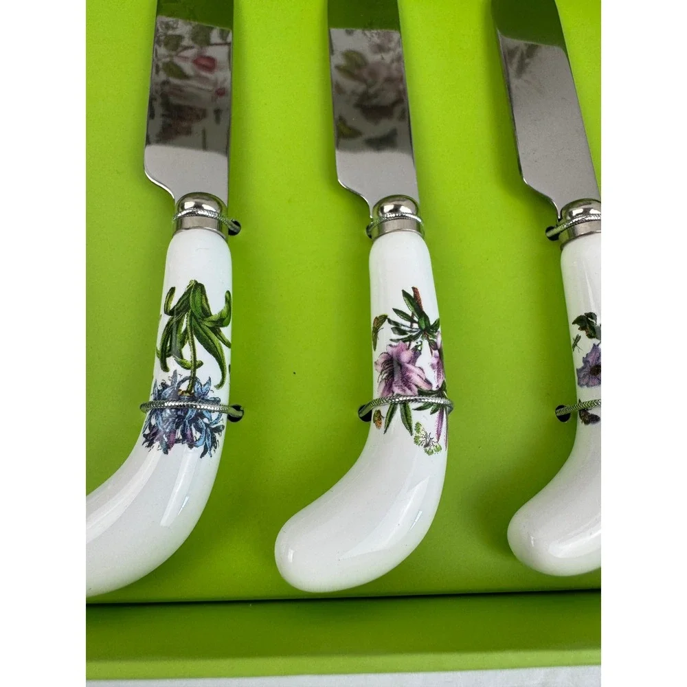 Portmeirion Botanic Garden Cheese Knife 6 Spreaders Set Floral Ceramic Handle